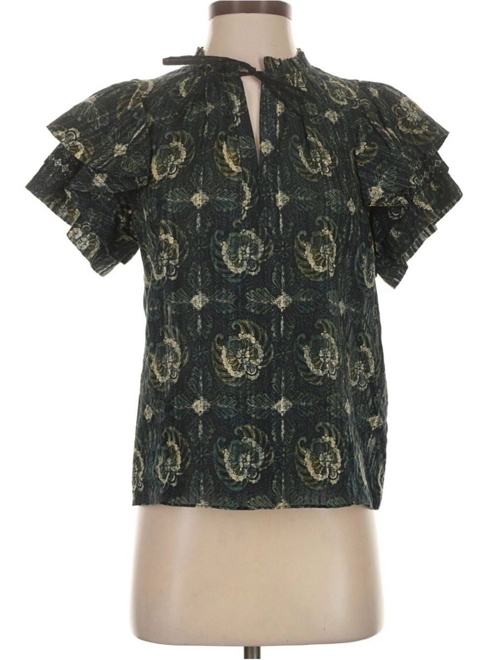 Ulla Johnson Dark Green Floral Tie-Neck Ruffle Sleeve Blouse